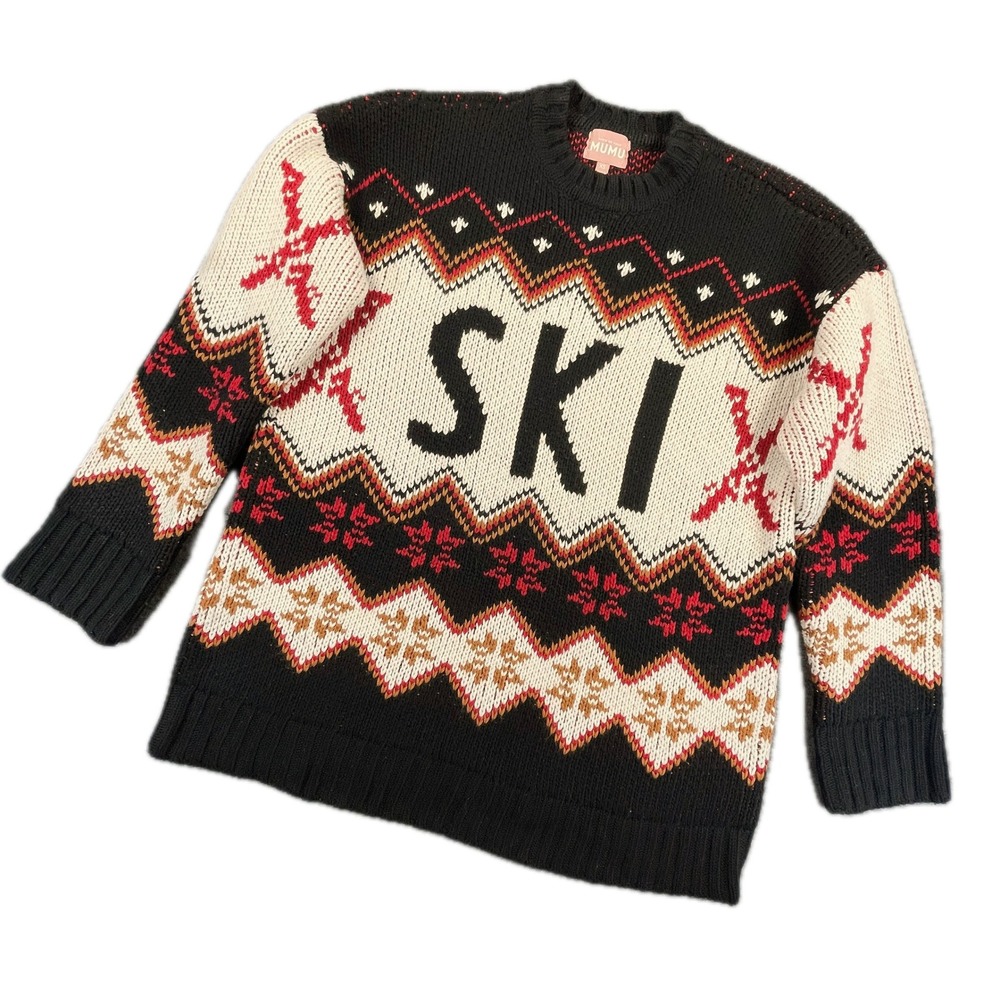 Show Me Your Mumu Ski In Sweater XS Black White Fair Isle Chunky Knit Chalet
